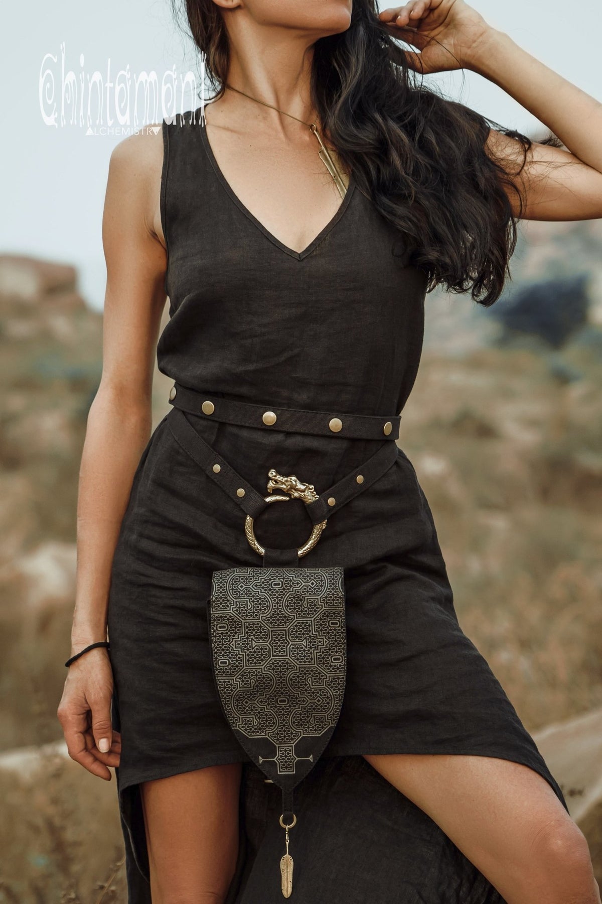 Transformer Crossbody Waist Bag / Dragon Belt with Pouches / Shipibo Print / Chakruna Black - ChintamaniAlchemi