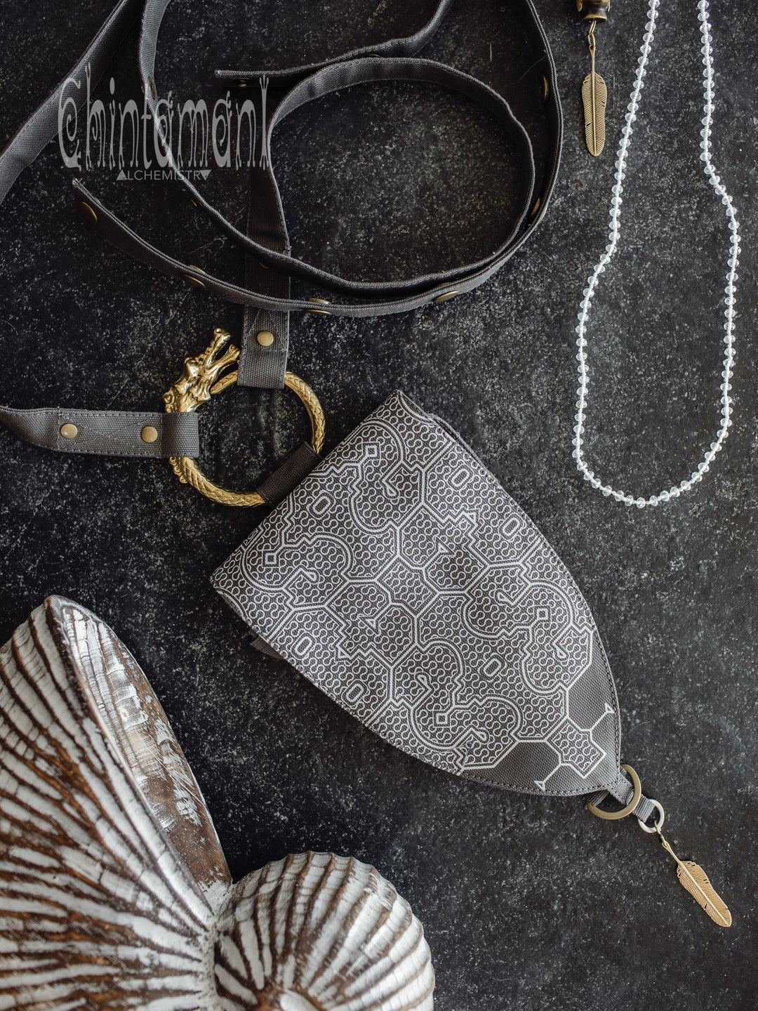 Transformer Crossbody Waist Bag / Dragon Belt with Pouches / Shipibo Print / Chakruna Dark Grey - ChintamaniAlchemi