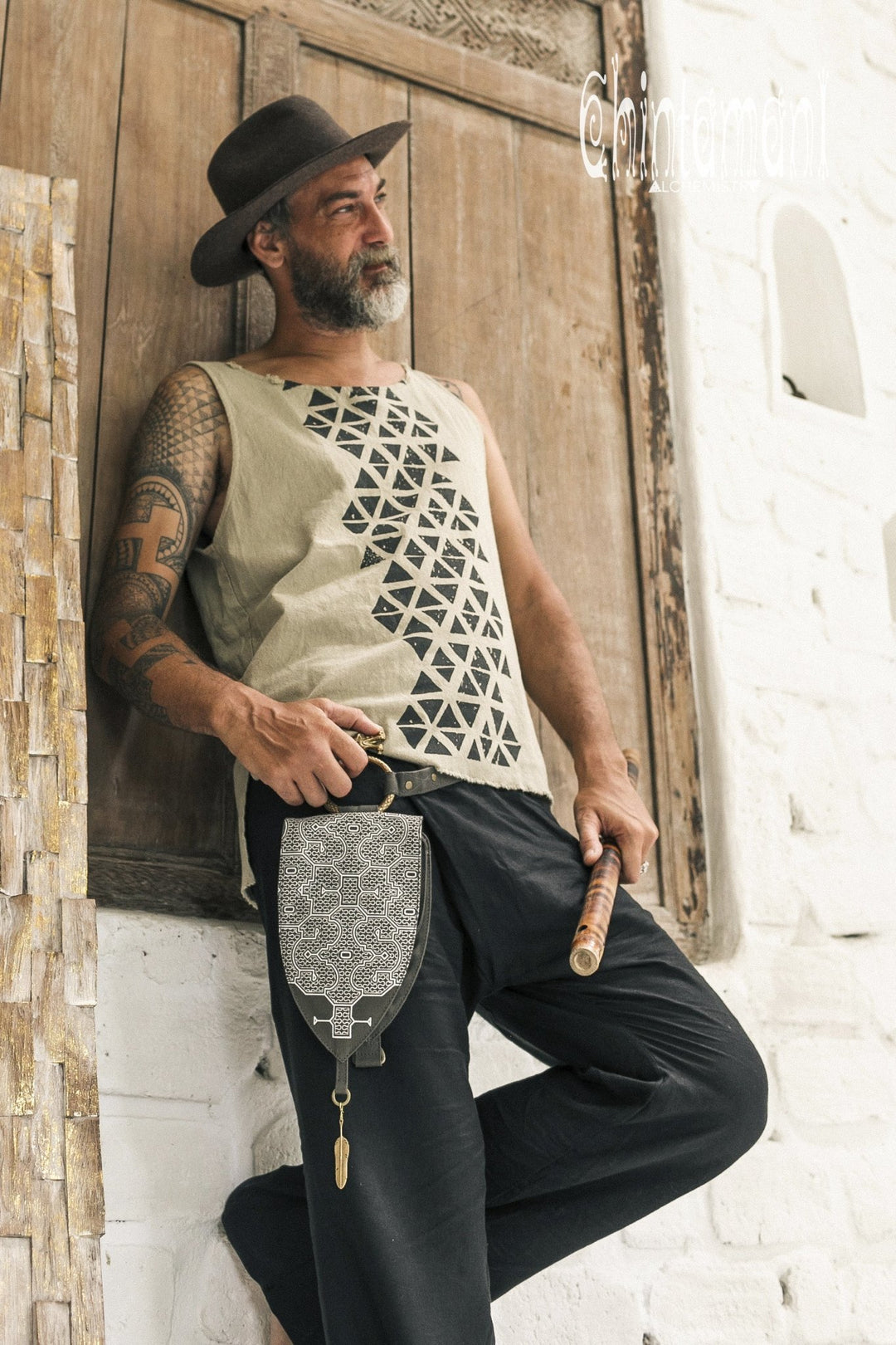 Transformer Crossbody Waist Bag / Dragon Belt with Pouches / Shipibo Print / Chakruna Dark Grey - ChintamaniAlchemi