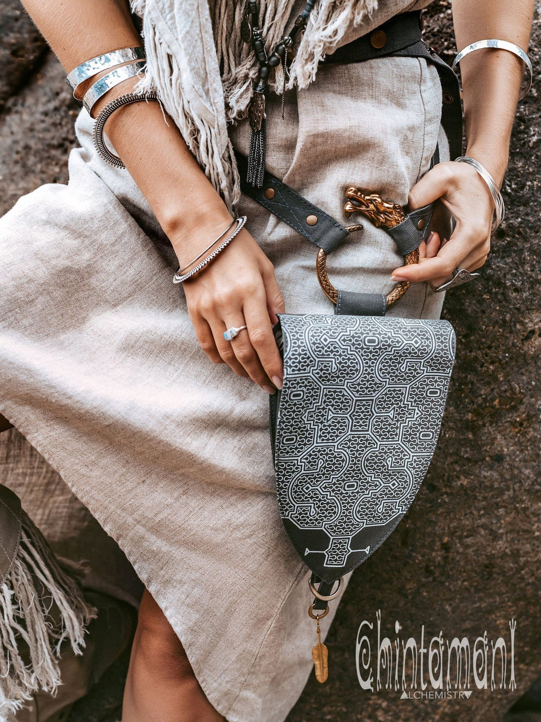 Transformer Crossbody Waist Bag / Dragon Belt with Pouches / Shipibo Print / Chakruna Dark Grey - ChintamaniAlchemi
