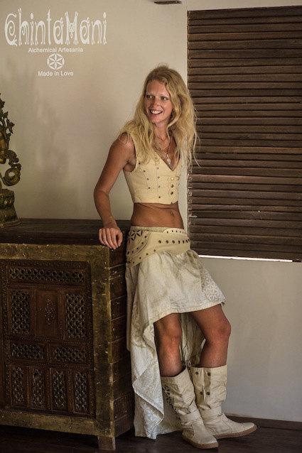 Transformer Long Boho Cotton Skirt with Flower of Life Print / Beige - ChintamaniAlchemi