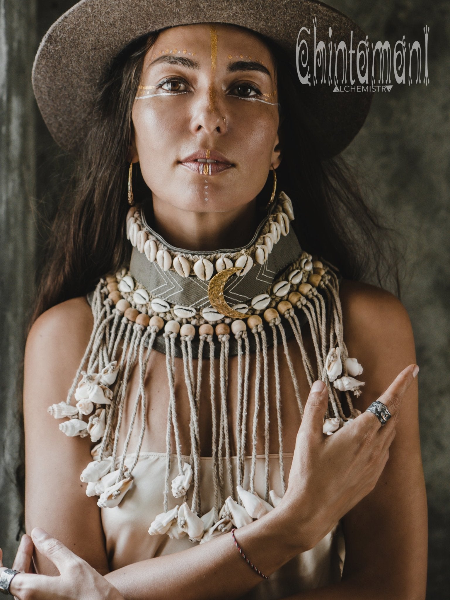 Tribal Collar Necklace with Shells & Half Moon Pendant / Gray - ChintamaniAlchemi