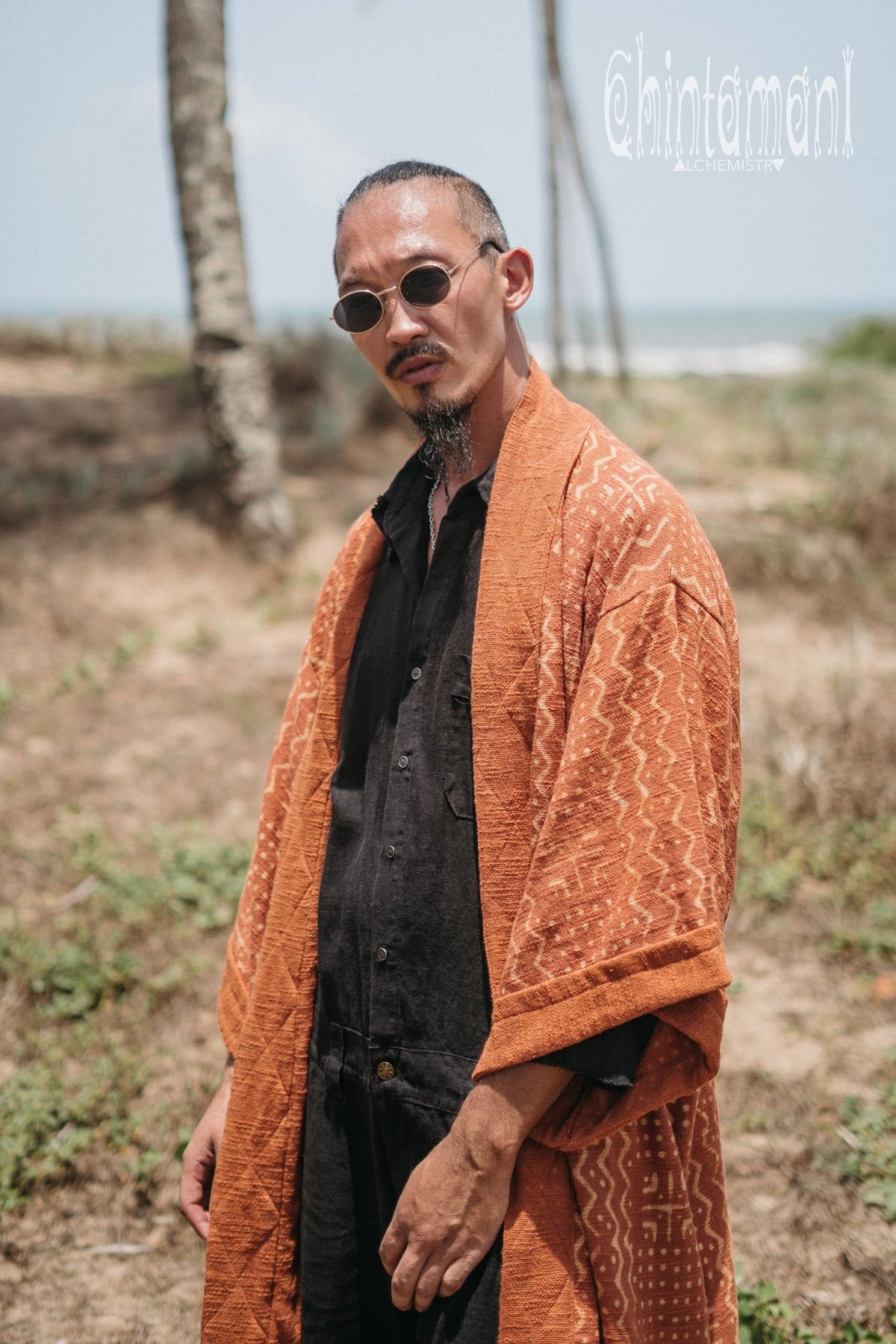 Tribal Kimono Robe with Block Print for Men / Rust - ChintamaniAlchemi