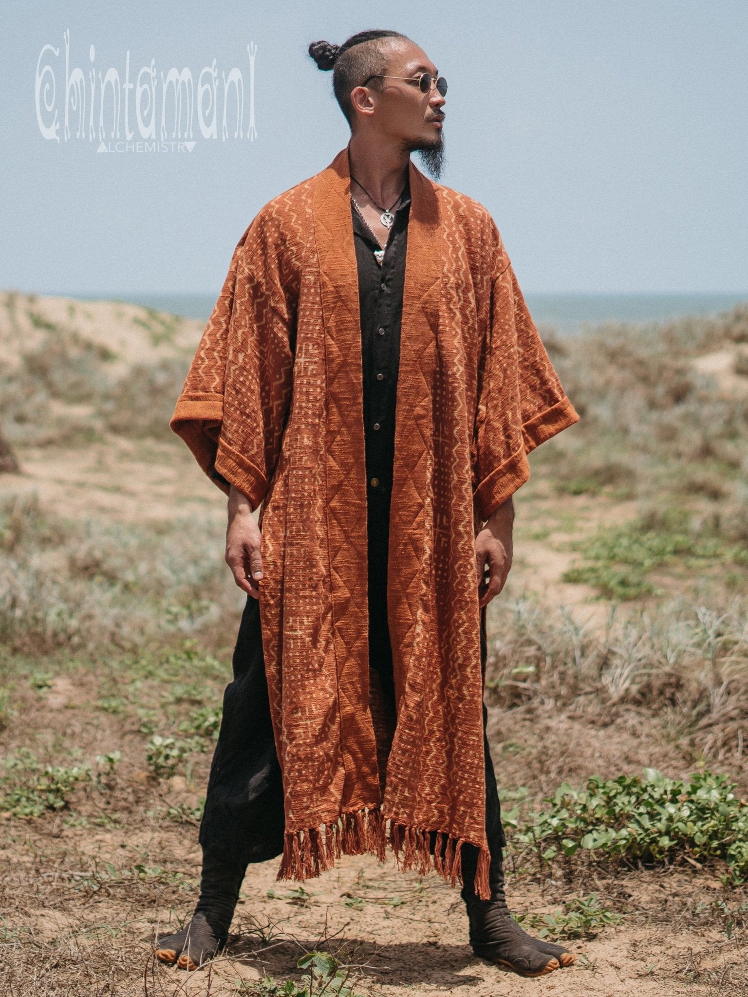 Tribal Kimono Robe with Block Print for Men / Rust - ChintamaniAlchemi