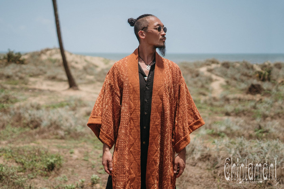 Tribal Kimono Robe with Block Print for Men / Rust - ChintamaniAlchemi