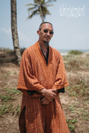 Tribal Kimono Robe with Block Print for Men / Rust - ChintamaniAlchemi