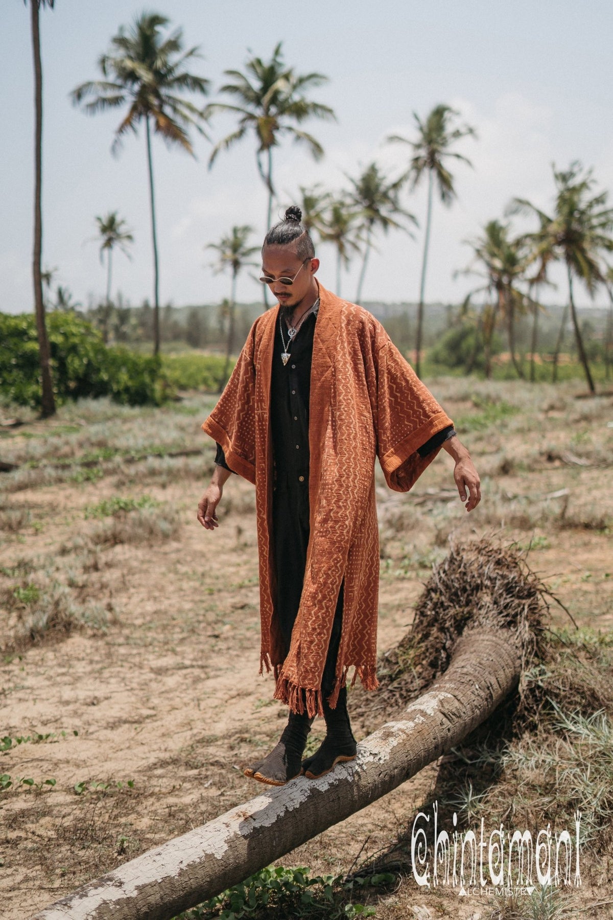 Tribal Kimono Robe with Block Print for Men / Rust - ChintamaniAlchemi