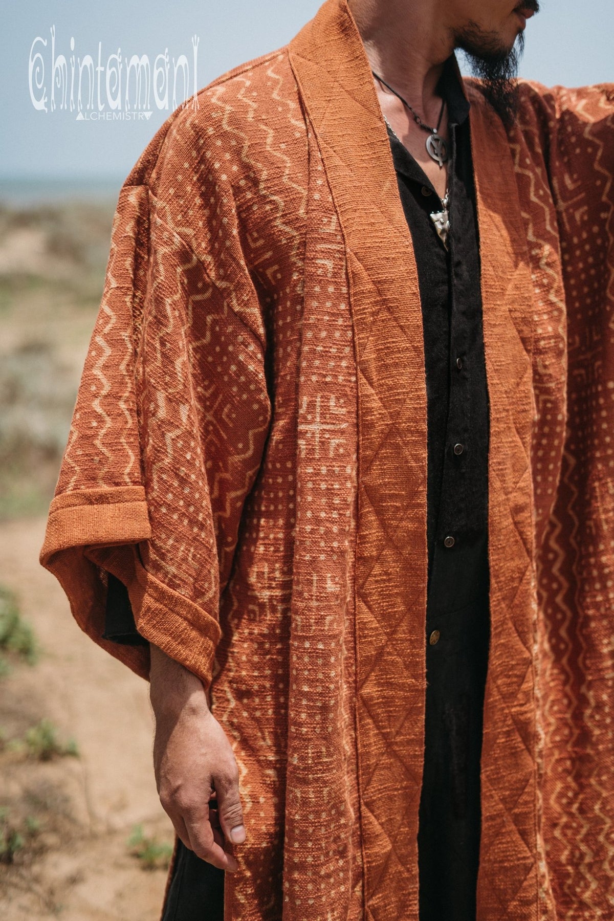 Tribal Kimono Robe with Block Print for Men / Rust - ChintamaniAlchemi