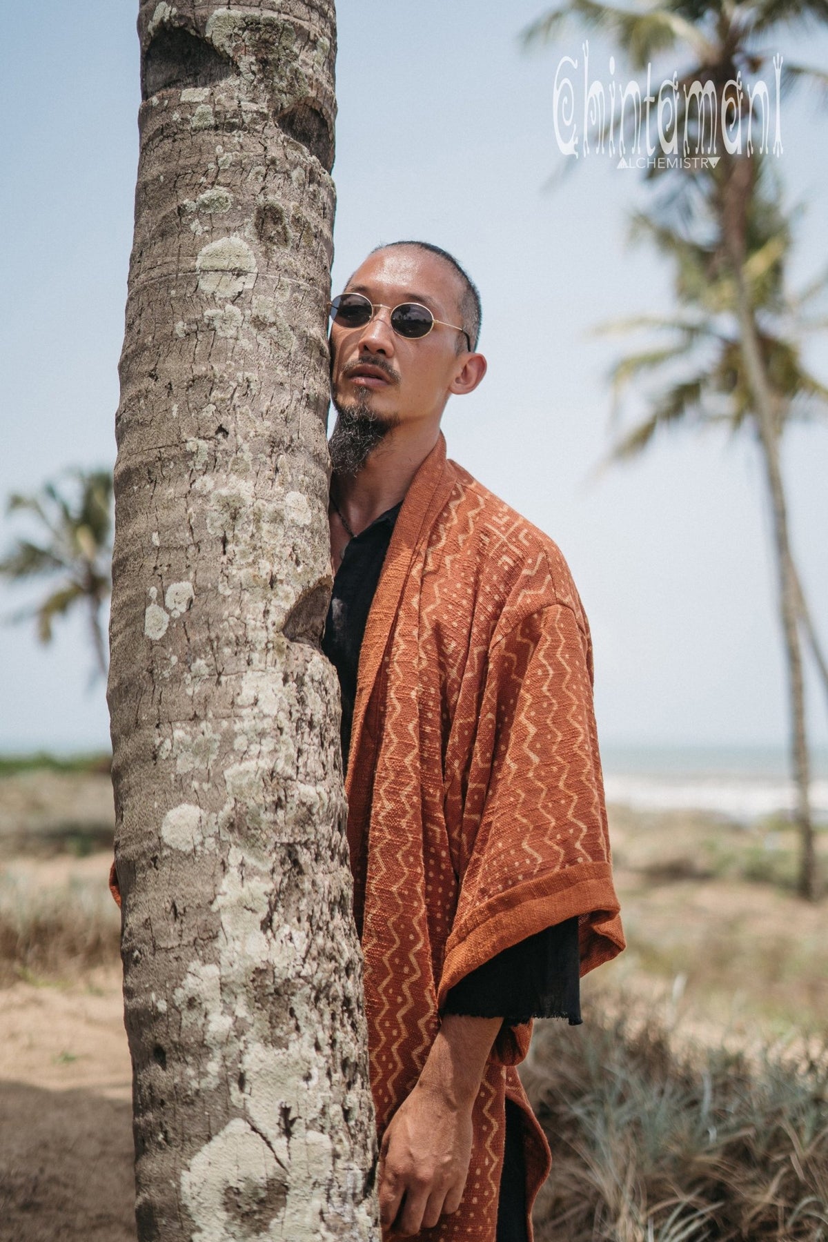 Tribal Kimono Robe with Block Print for Men / Rust - ChintamaniAlchemi