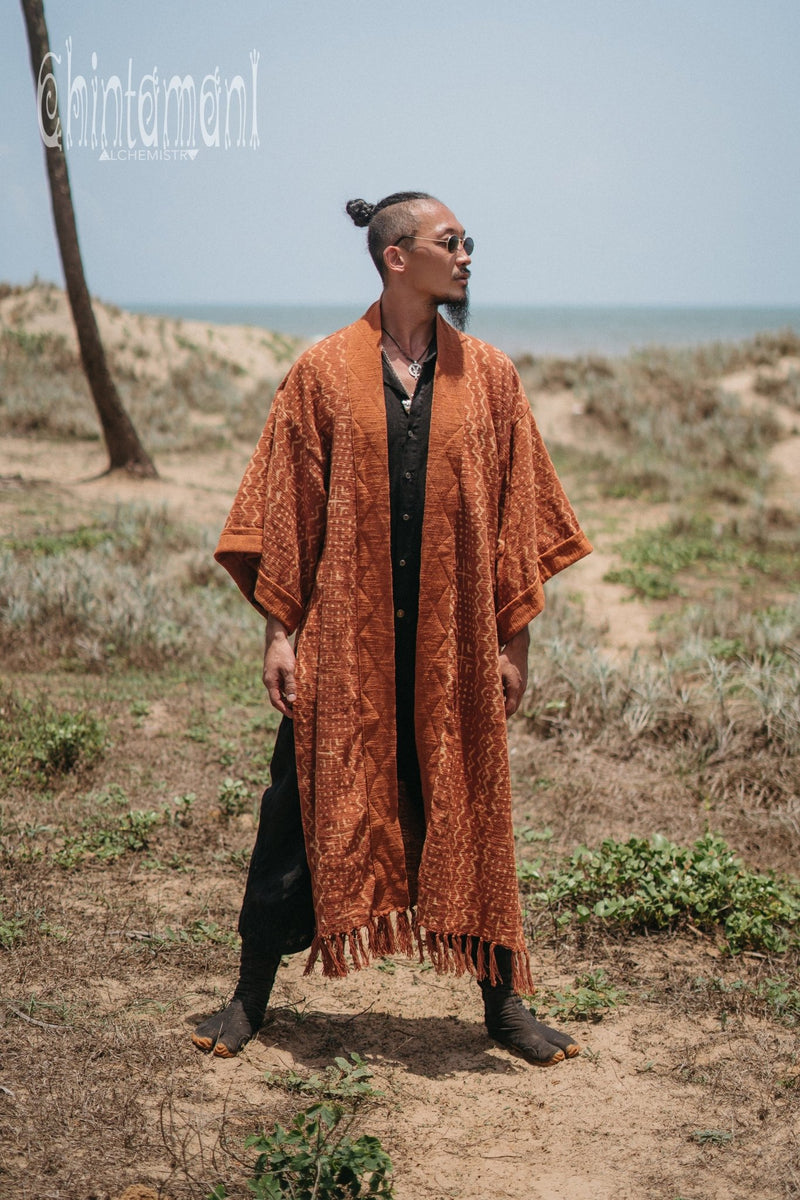 Tribal Kimono Robe with Block Print for Men / Rust - ChintamaniAlchemi