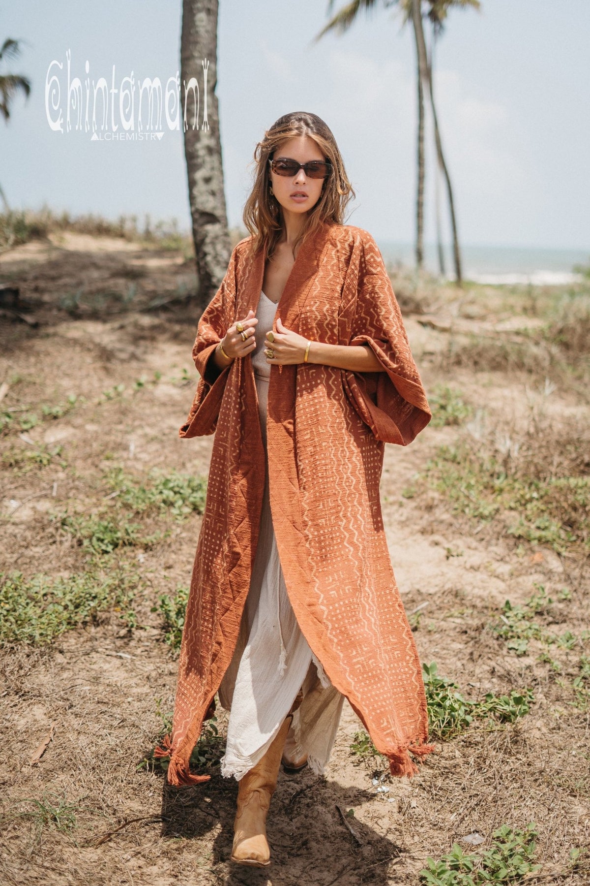 Tribal Kimono Robe with Block Print for Women / Rust - ChintamaniAlchemi