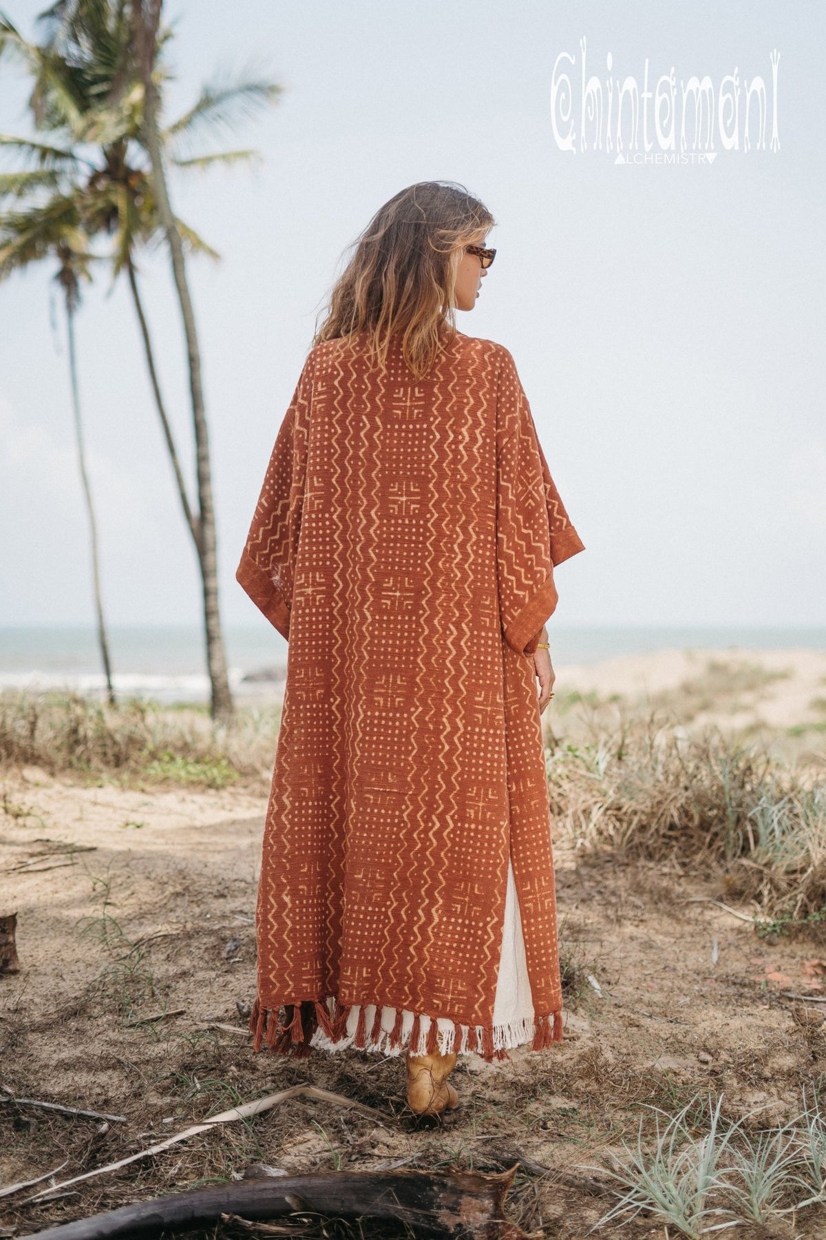 Tribal Kimono Robe with Block Print for Women / Rust - ChintamaniAlchemi