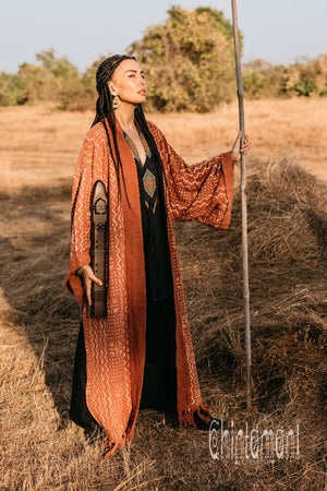 Tribal Kimono Robe with Block Print for Women / Rust - ChintamaniAlchemi