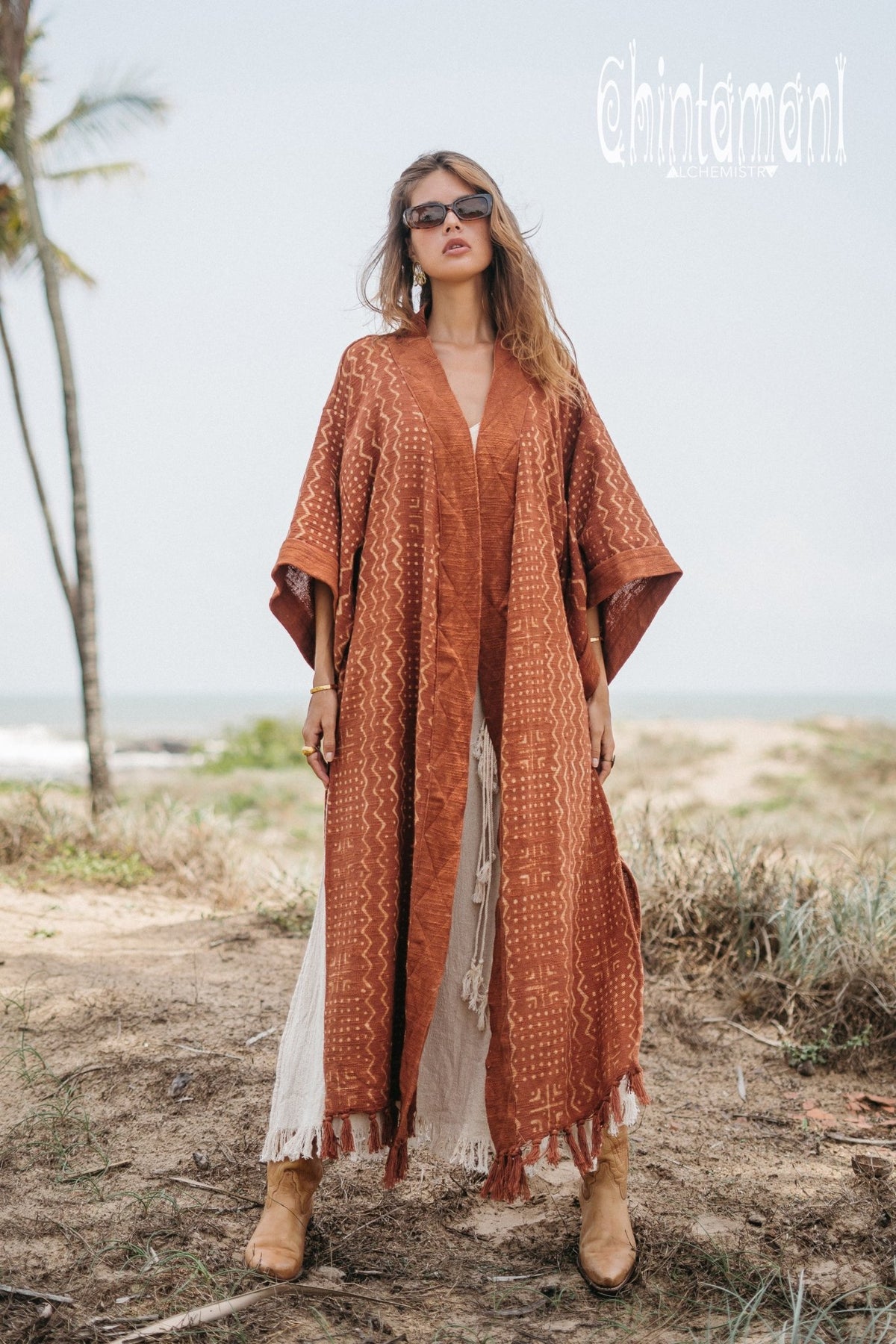 Tribal Kimono Robe with Block Print for Women / Rust - ChintamaniAlchemi