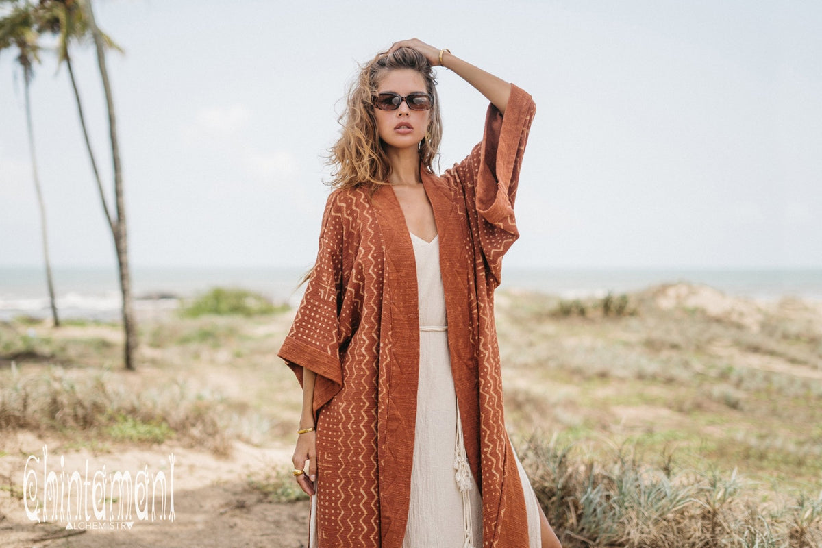 Tribal Kimono Robe with Block Print for Women / Rust - ChintamaniAlchemi