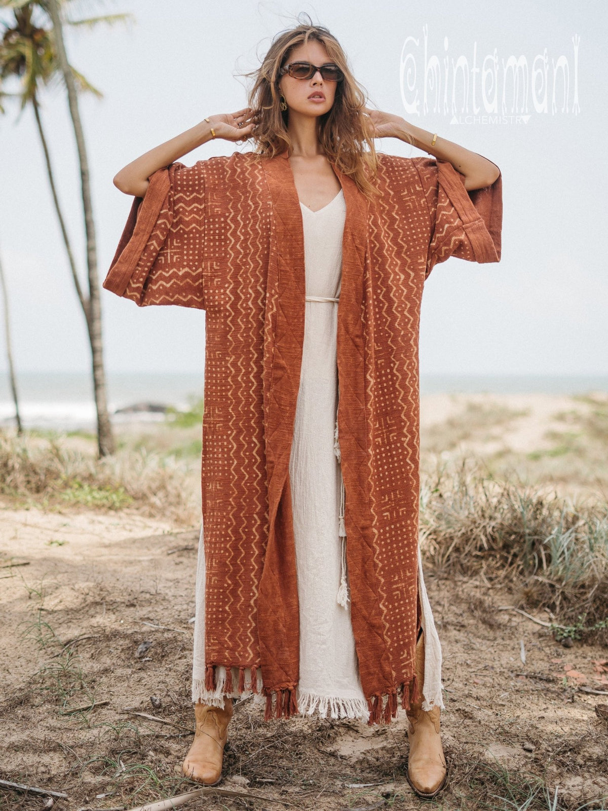 Tribal Kimono Robe with Block Print for Women / Rust - ChintamaniAlchemi