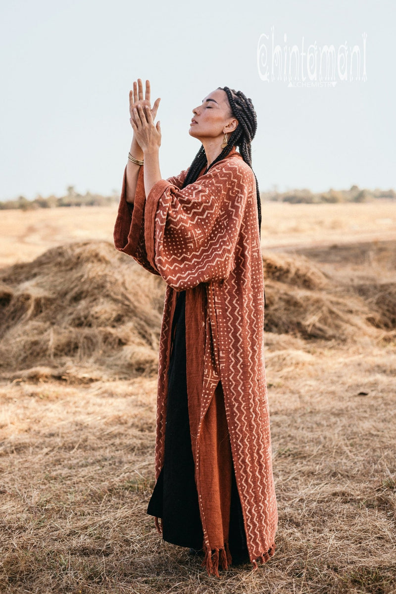 Tribal Kimono Robe with Block Print for Women / Rust - ChintamaniAlchemi