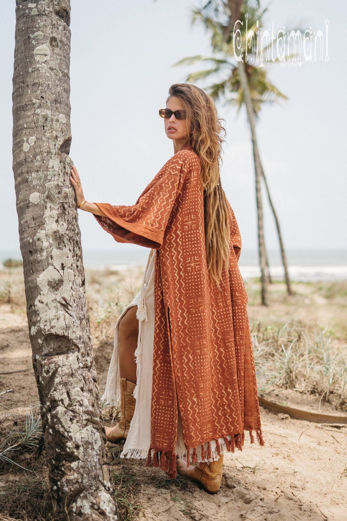 Tribal Kimono Robe with Block Print for Women / Rust - ChintamaniAlchemi