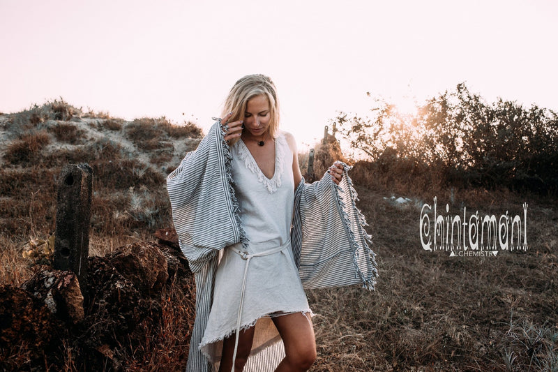 Unisex Gypsy Wide Sleeve Kimono Wrap Cardigan / Striped Kaftan Robe - ChintamaniAlchemi