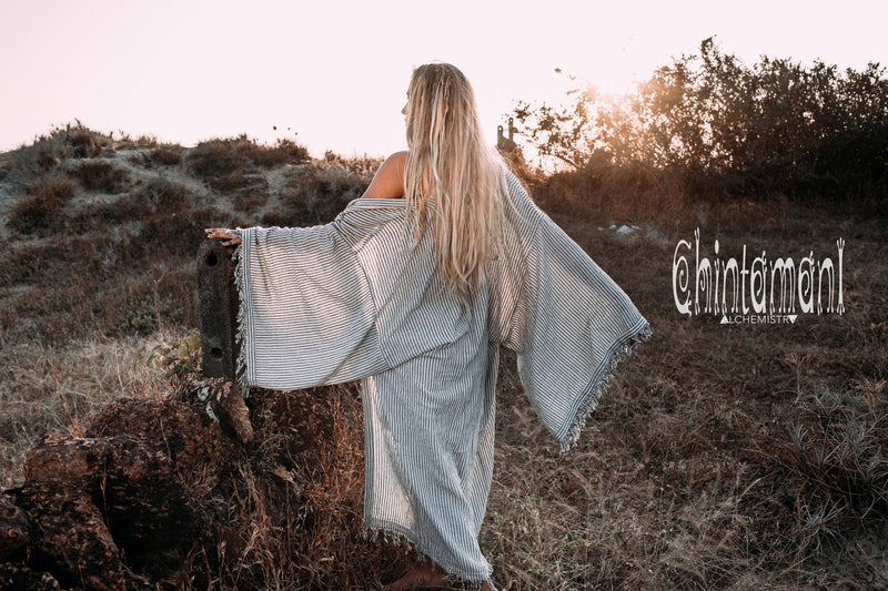 Unisex Gypsy Wide Sleeve Kimono Wrap Cardigan / Striped Kaftan Robe - ChintamaniAlchemi