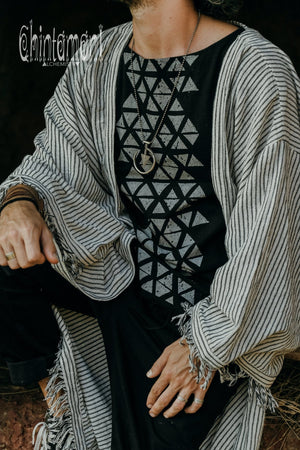 Unisex Wide Sleeve Kimono Cardigan Wrap / Striped Kaftan Robe - ChintamaniAlchemi