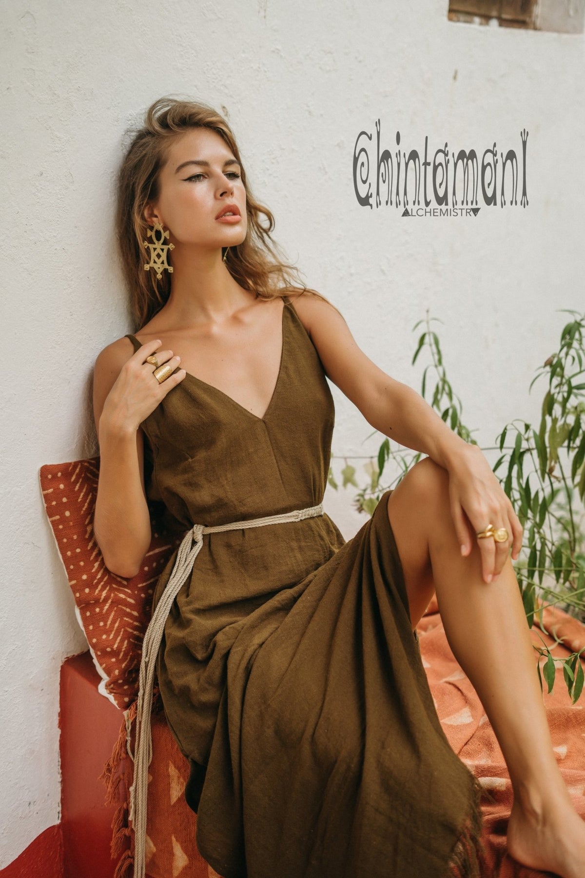 V-neck Maxi Dress / Brown - ChintamaniAlchemi