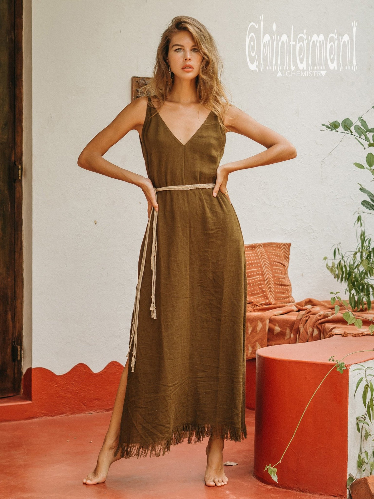 V-neck Maxi Dress / Brown - ChintamaniAlchemi