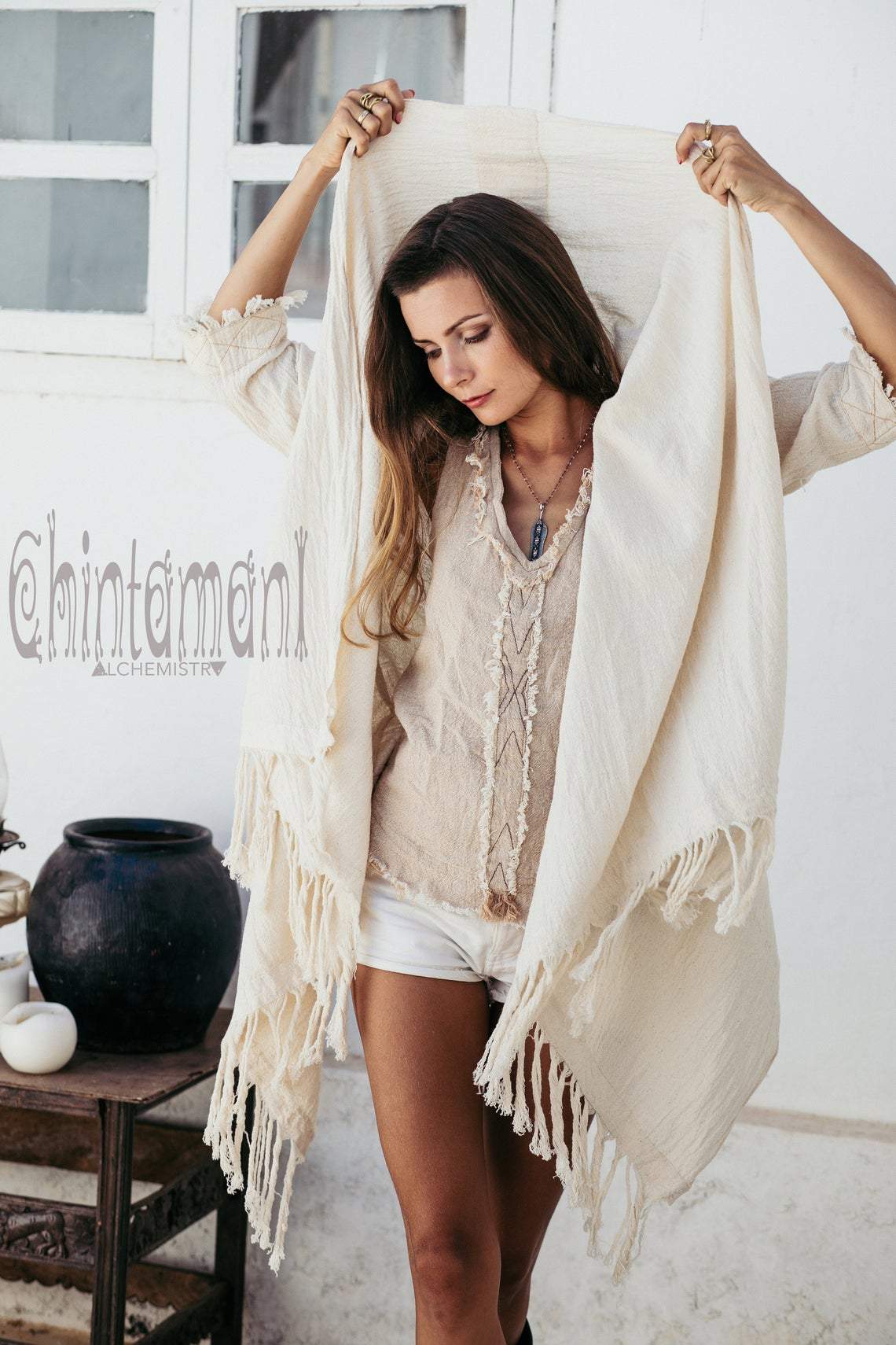 V-Neck Raw Cotton Bohemian Top for Women / Aroha Tino Beige - ChintamaniAlchemi