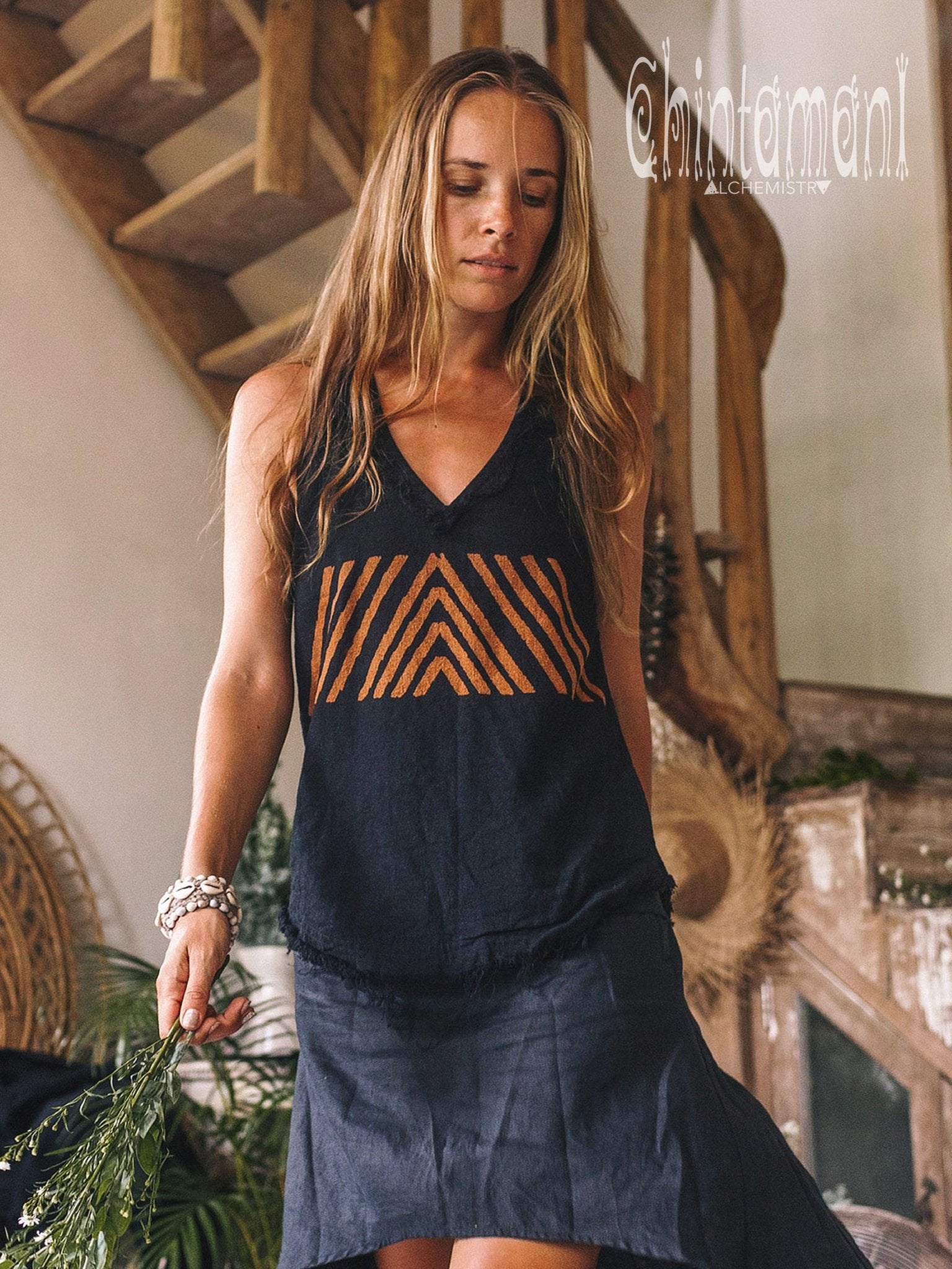 V Neck Rayon Linen Tank Top with Geometric Print / Black - ChintamaniAlchemi