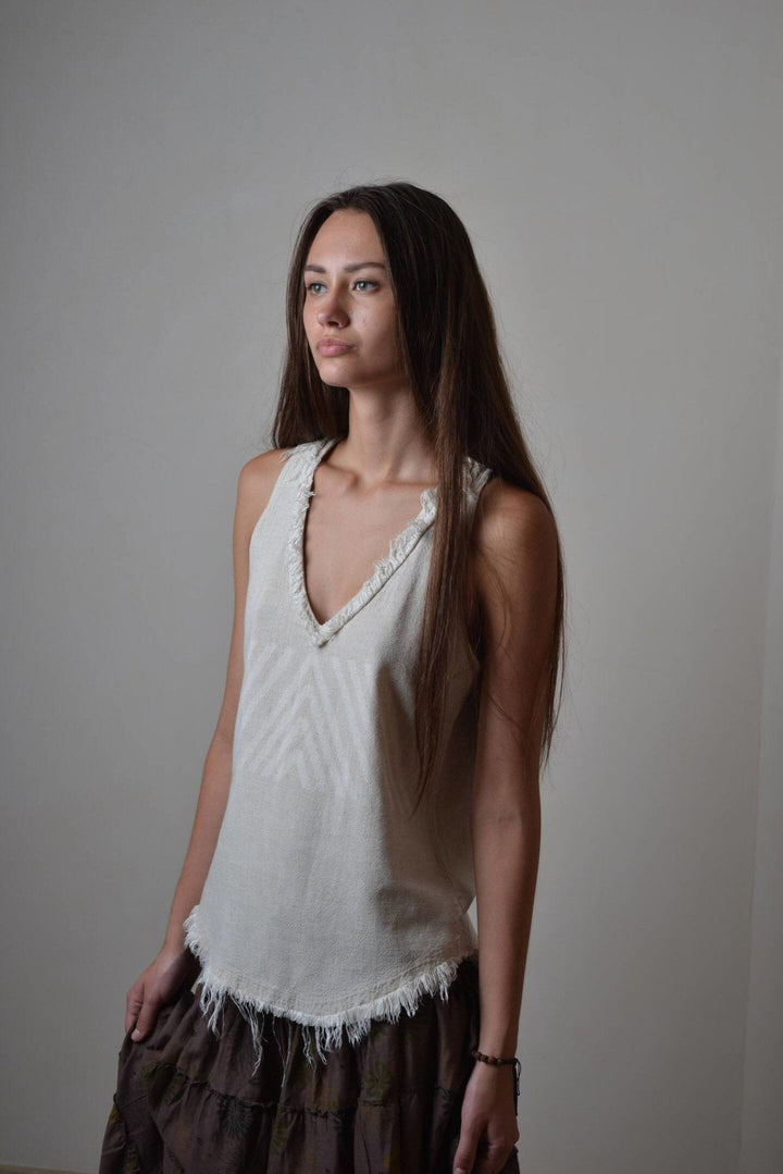 V Neck Rayon Linen Tank Top with Geometric Print / Grey - ChintamaniAlchemi