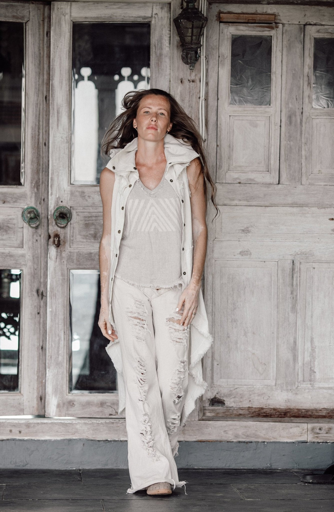 V Neck Rayon Linen Tank Top with Geometric Print / Grey - ChintamaniAlchemi