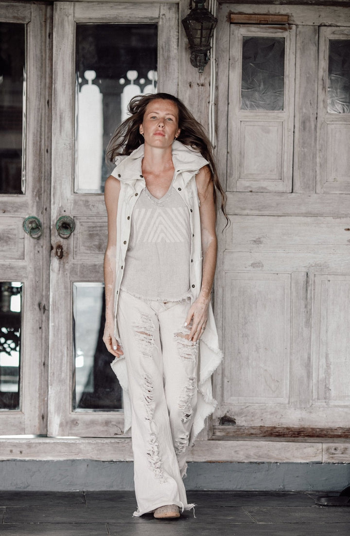 V Neck Rayon Linen Tank Top with Geometric Print / Grey - ChintamaniAlchemi