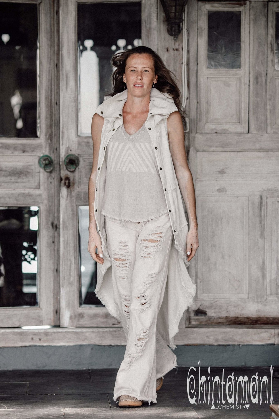 V Neck Rayon Linen Tank Top with Geometric Print / Grey - ChintamaniAlchemi