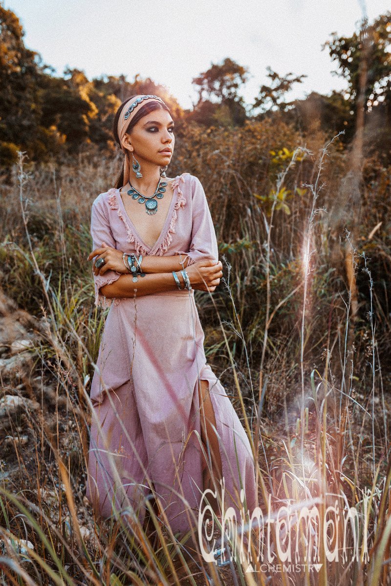 Vneck Fringe Wrap Boho Dress - 3/4 Sleeves, Cotton / Dusty Rose - ChintamaniAlchemi