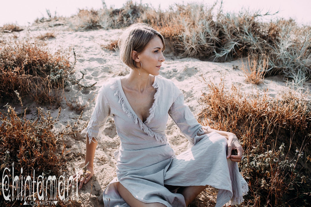 Vneck Fringe Wrap Boho Dress - 3/4 Sleeves, Cotton / Light Grey - ChintamaniAlchemi