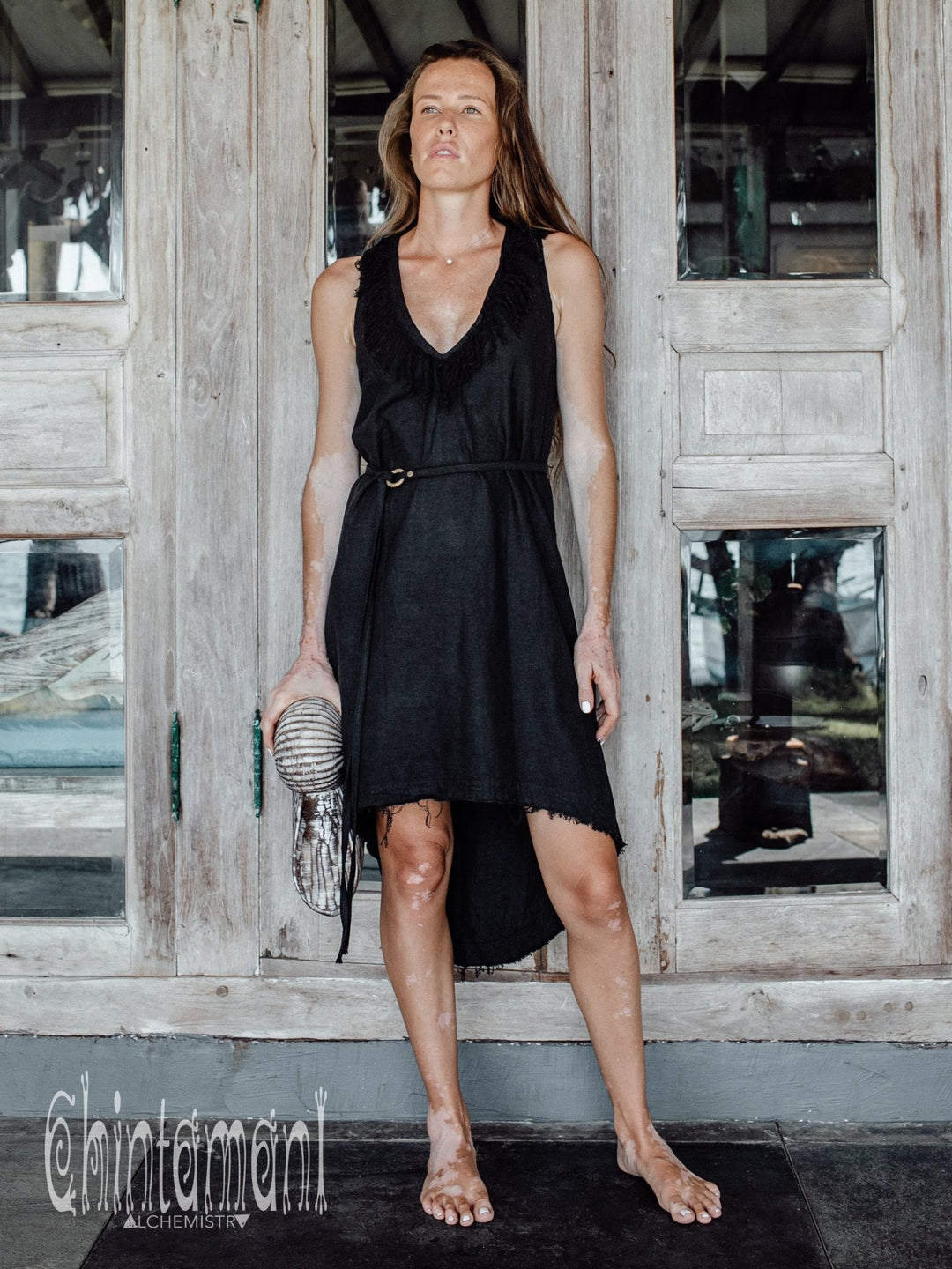 Vneck Raw Cotton Mini Tunic Dress with Belt and Fringes / Black - ChintamaniAlchemi
