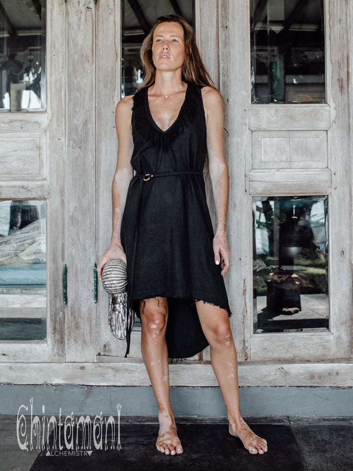Vneck Raw Cotton Mini Tunic Dress with Belt and Fringes / Black - ChintamaniAlchemi