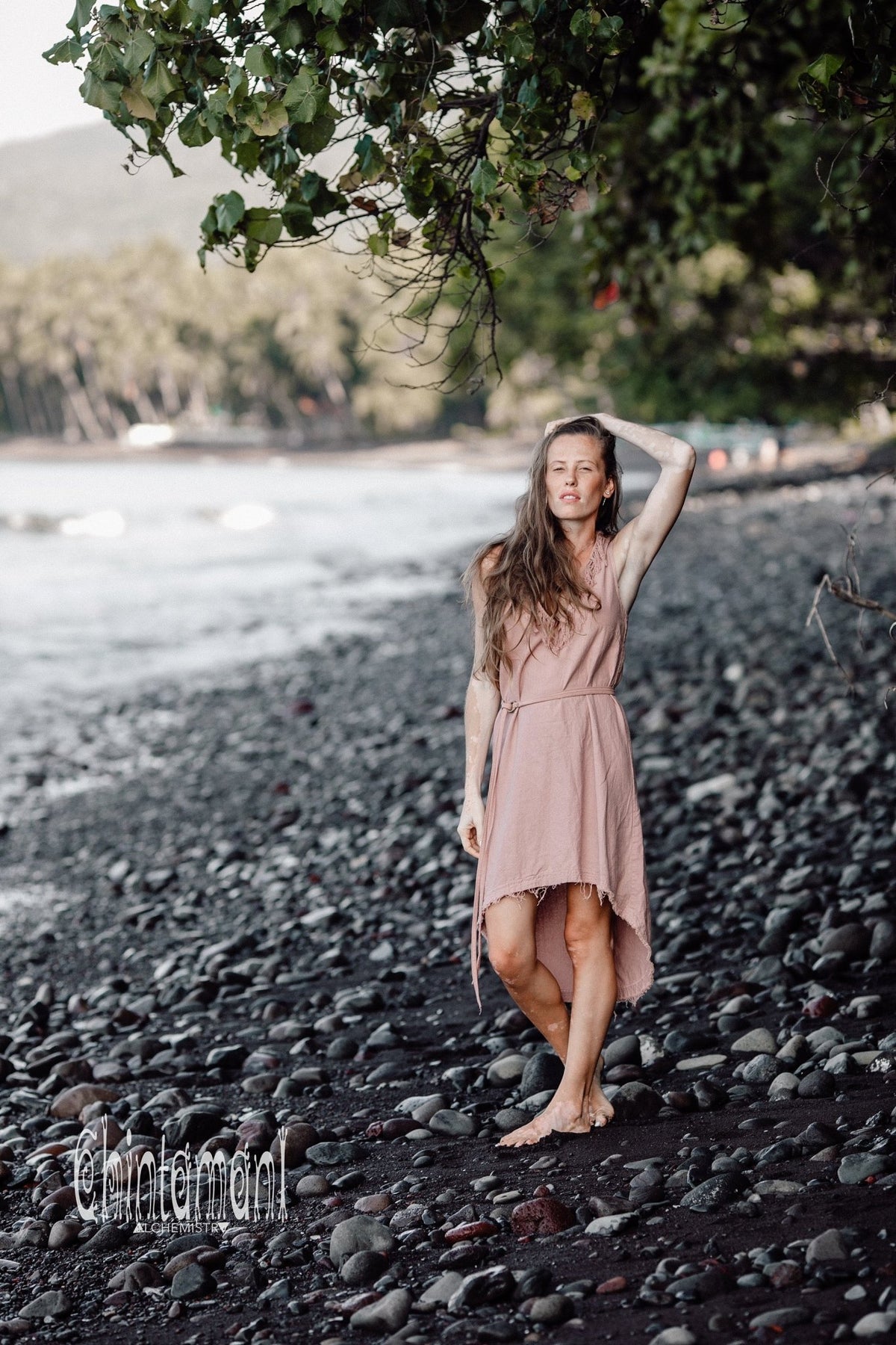 Vneck Raw Cotton Mini Tunic Dress with Belt and Fringes / Dusty Rose - ChintamaniAlchemi