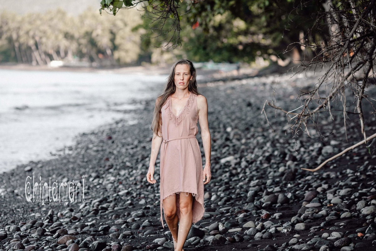 Vneck Raw Cotton Mini Tunic Dress with Belt and Fringes / Dusty Rose - ChintamaniAlchemi