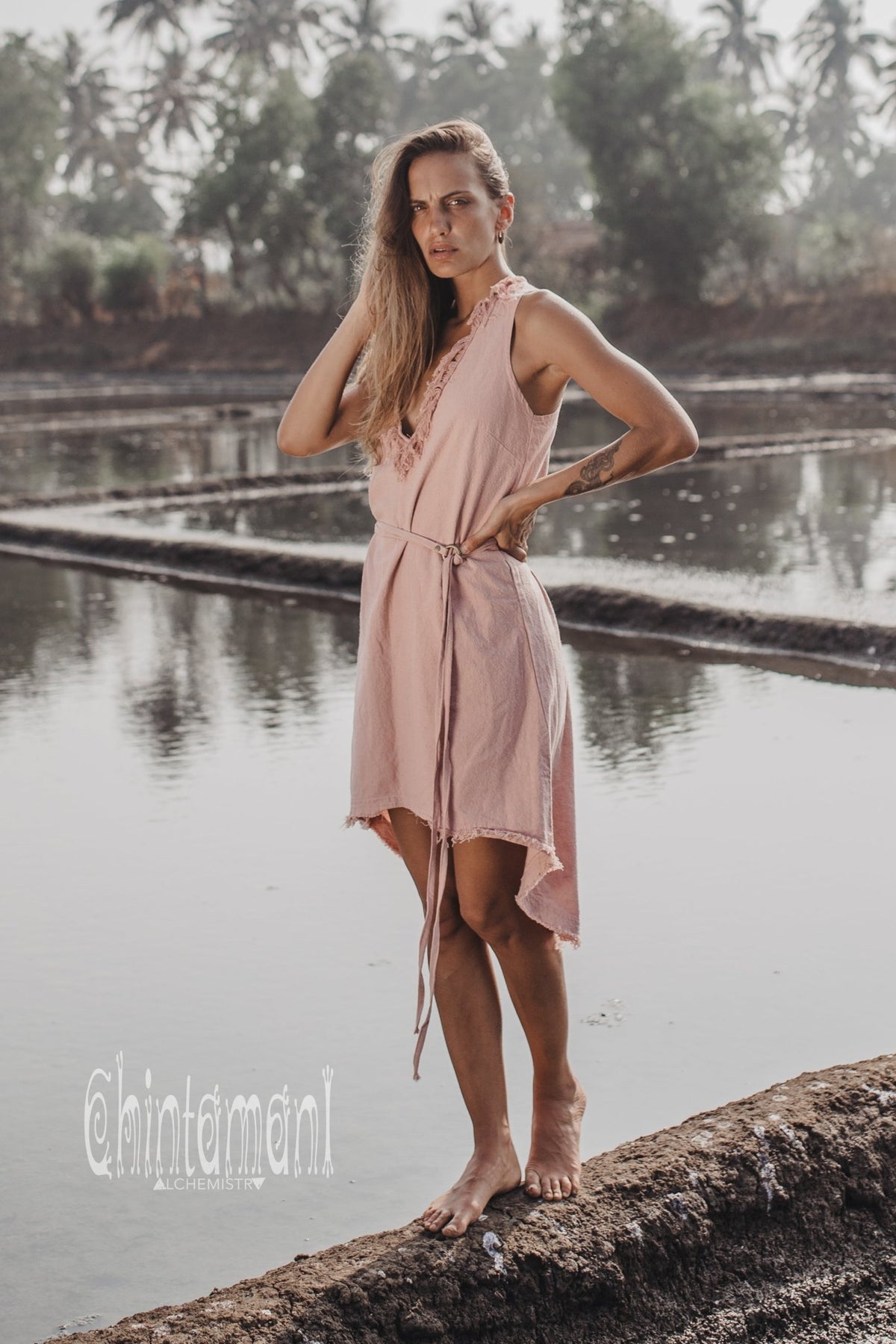 Vneck Raw Cotton Mini Tunic Dress with Belt and Fringes / Dusty Rose - ChintamaniAlchemi