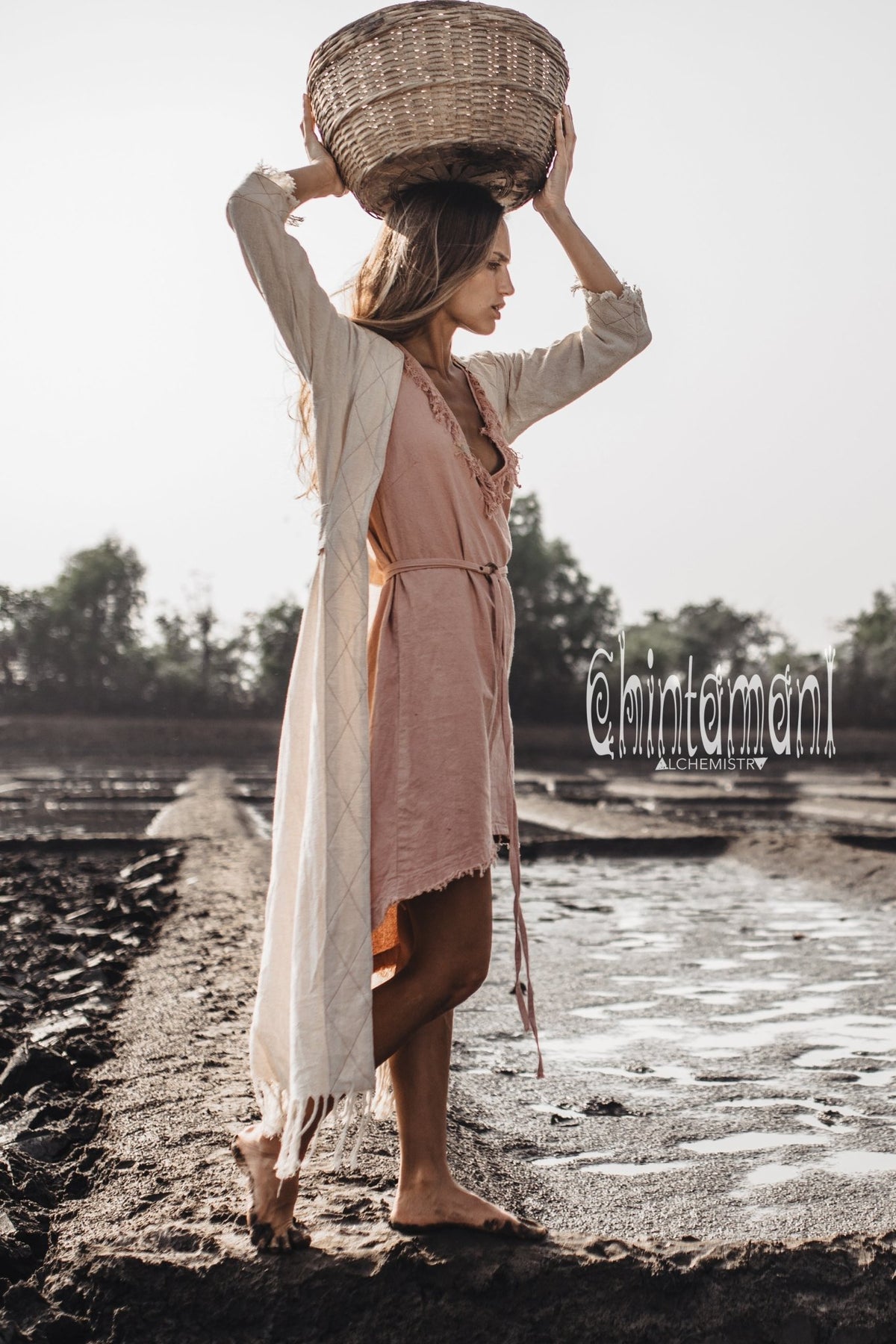 Vneck Raw Cotton Mini Tunic Dress with Belt and Fringes / Dusty Rose - ChintamaniAlchemi