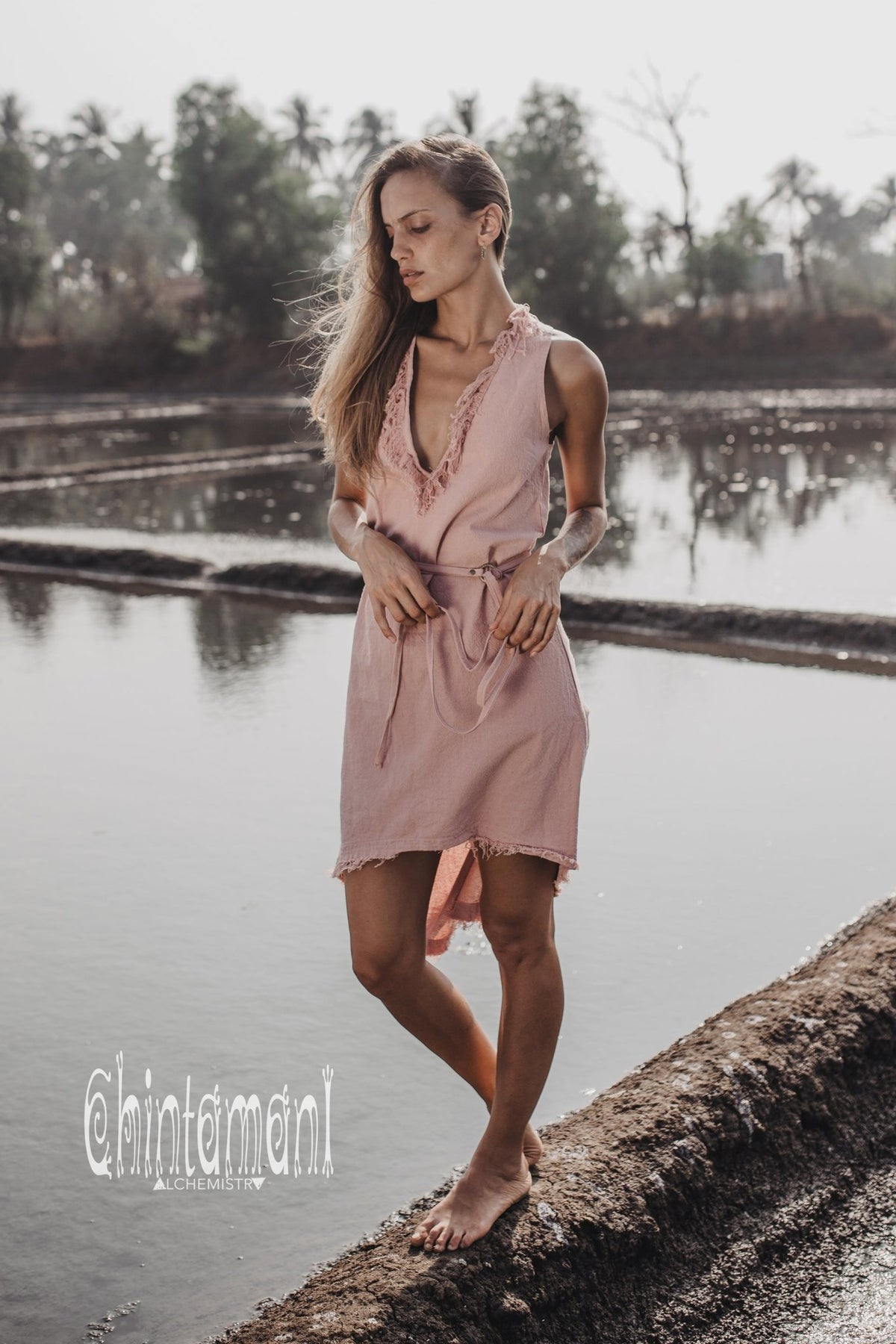 Vneck Raw Cotton Mini Tunic Dress with Belt and Fringes / Dusty Rose - ChintamaniAlchemi