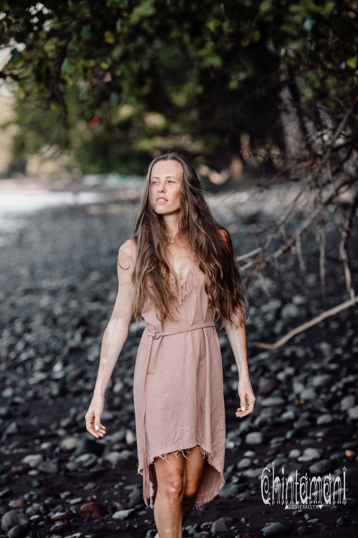 Vneck Raw Cotton Mini Tunic Dress with Belt and Fringes / Dusty Rose - ChintamaniAlchemi