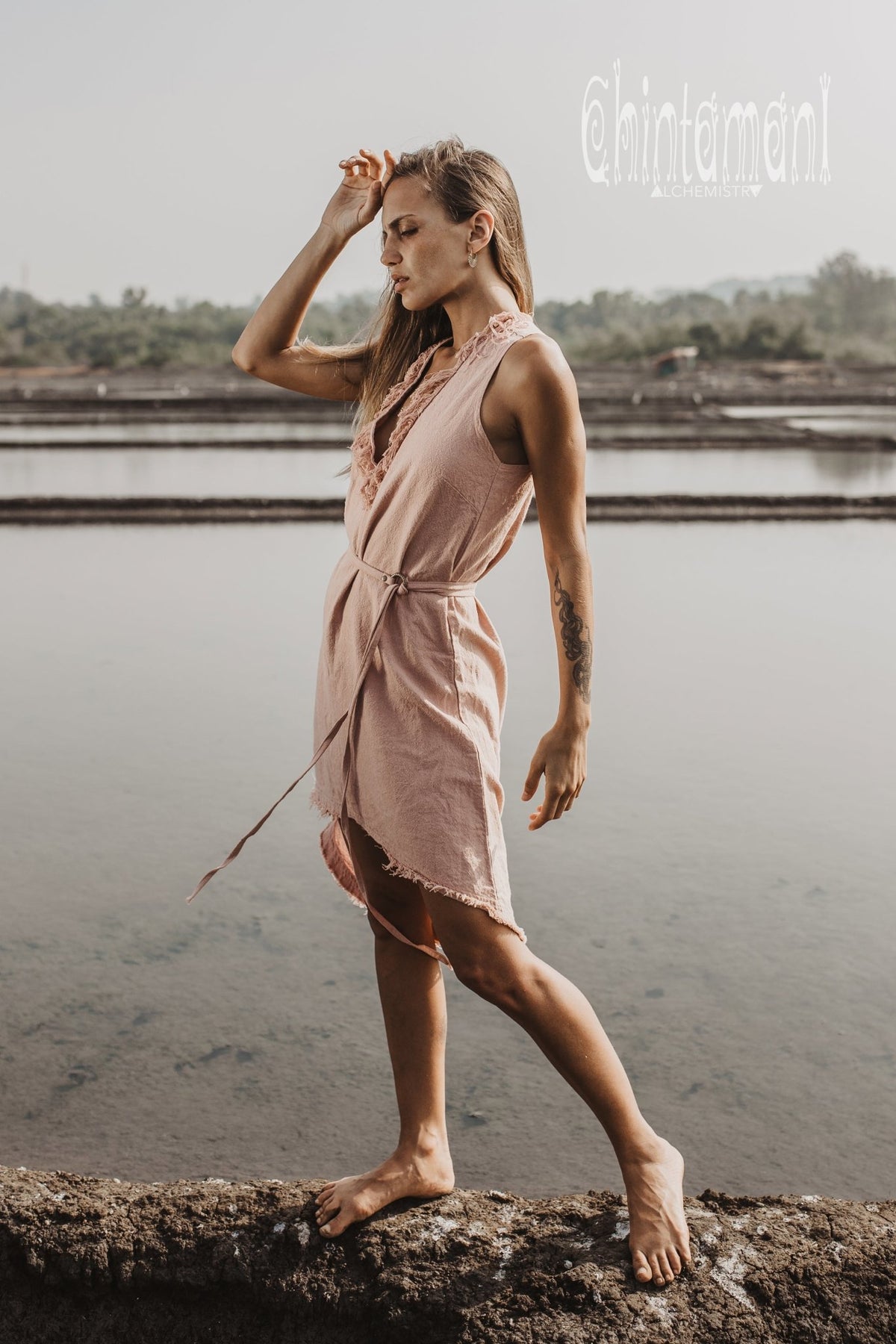 Vneck Raw Cotton Mini Tunic Dress with Belt and Fringes / Dusty Rose - ChintamaniAlchemi