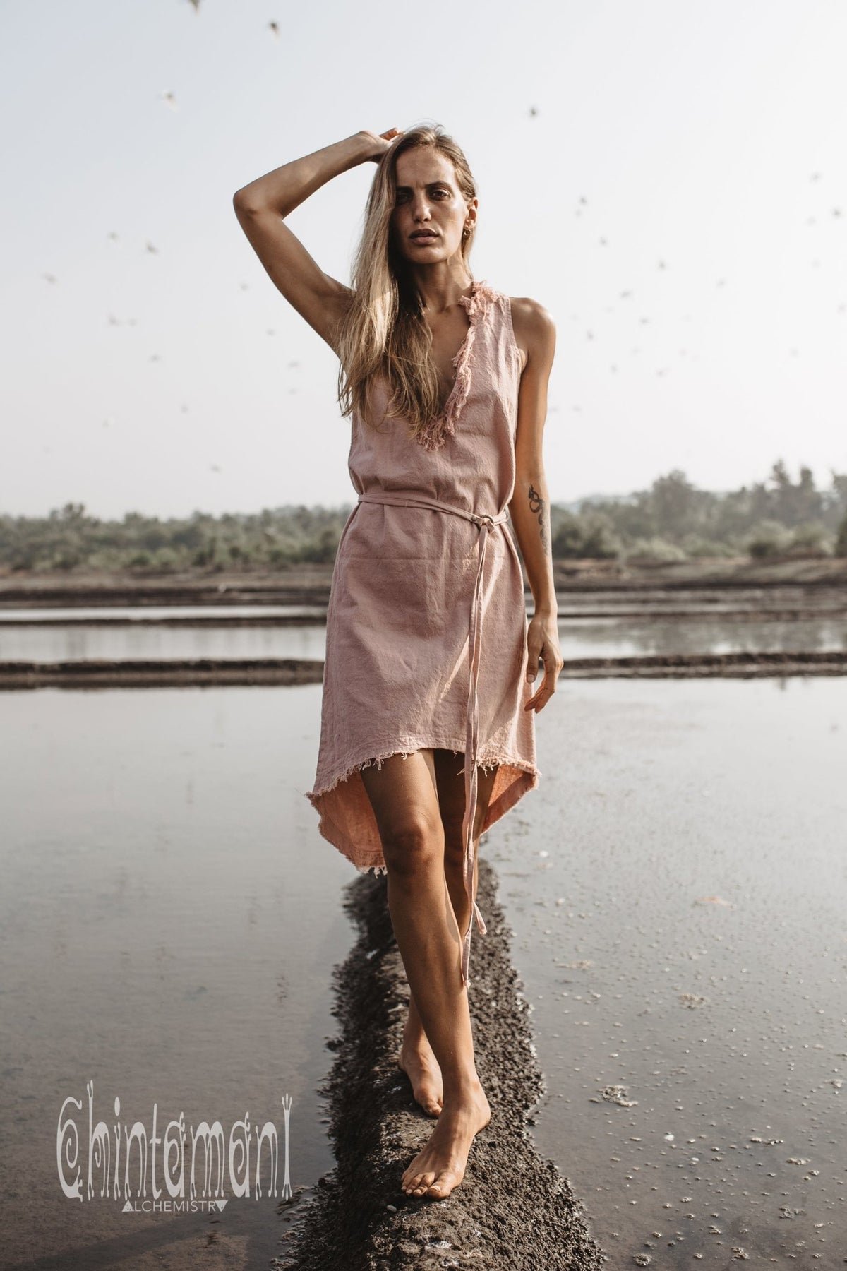 Vneck Raw Cotton Mini Tunic Dress with Belt and Fringes / Dusty Rose - ChintamaniAlchemi