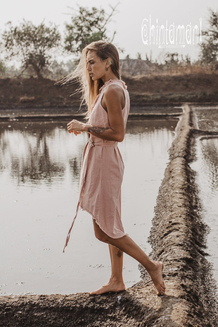 Vneck Raw Cotton Mini Tunic Dress with Belt and Fringes / Dusty Rose - ChintamaniAlchemi