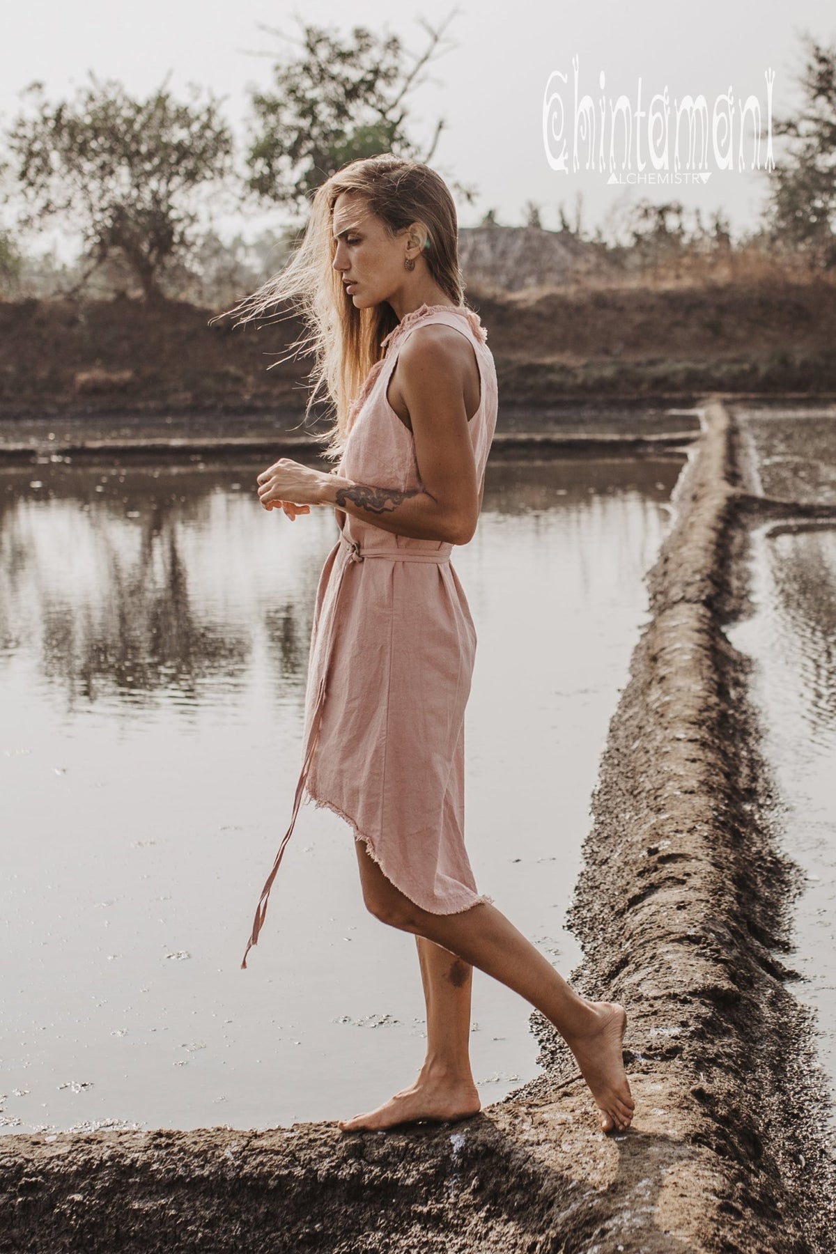 Vneck Raw Cotton Mini Tunic Dress with Belt and Fringes / Dusty Rose - ChintamaniAlchemi