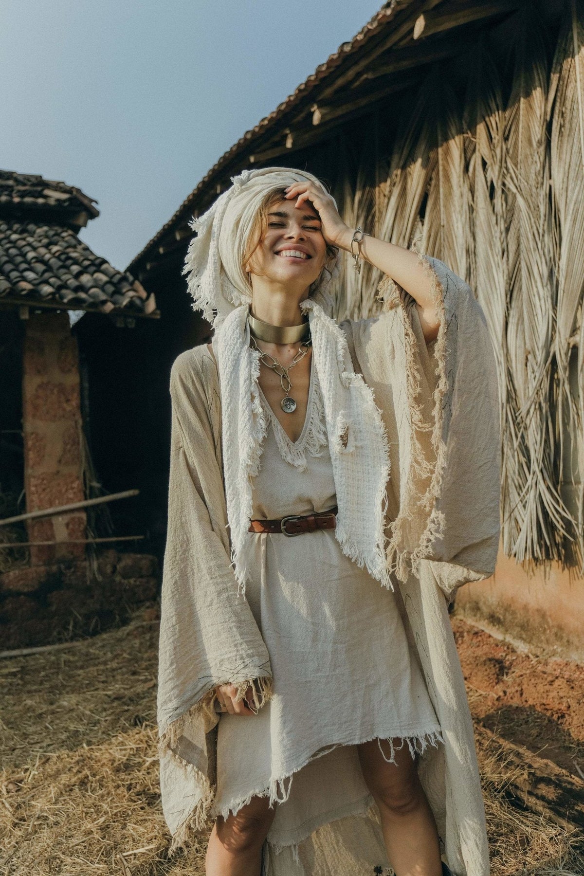 Vneck Raw Cotton Mini Tunic Dress with Belt and Fringes / Off White - ChintamaniAlchemi