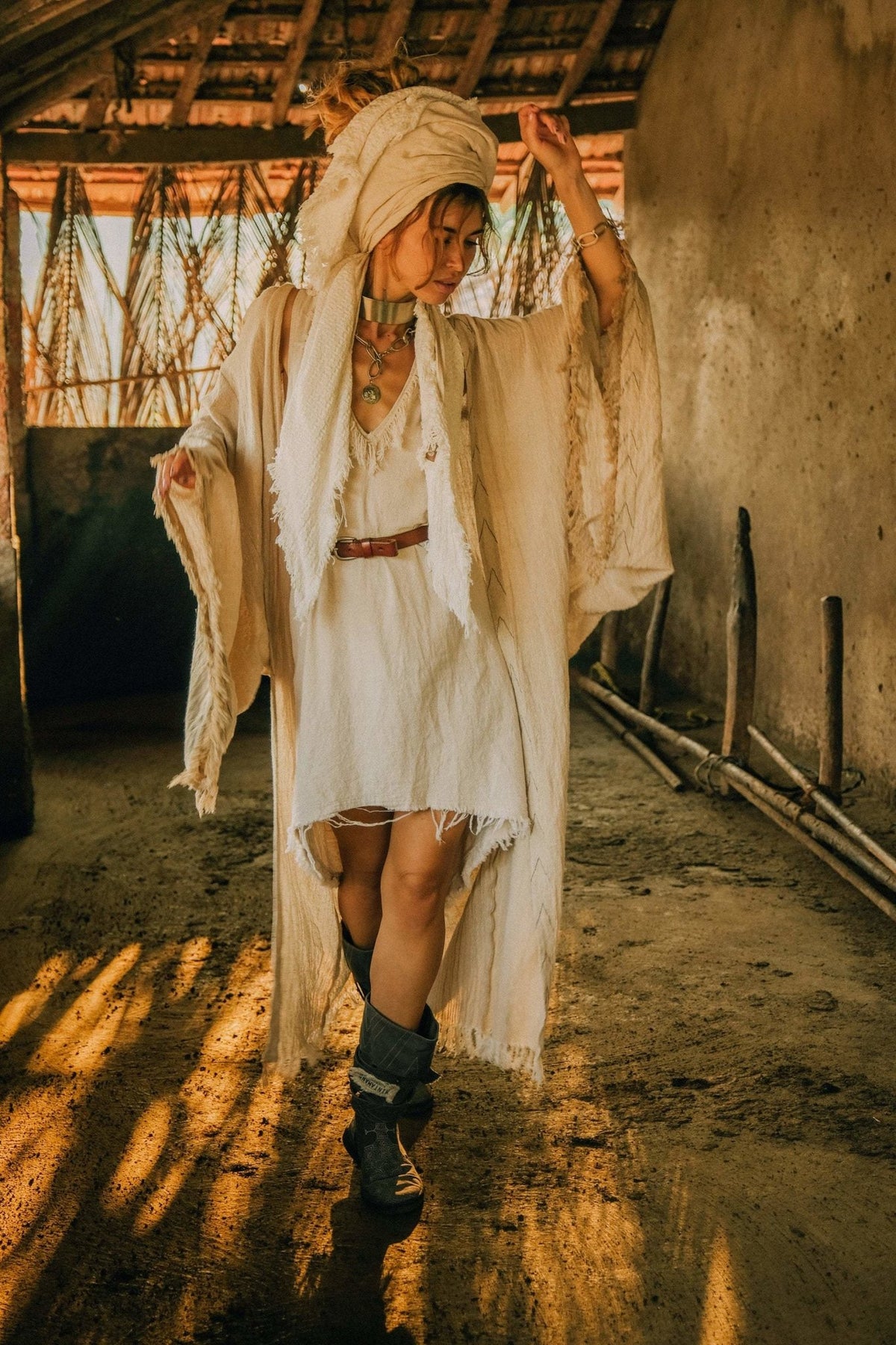 Vneck Raw Cotton Mini Tunic Dress with Belt and Fringes / Off White - ChintamaniAlchemi