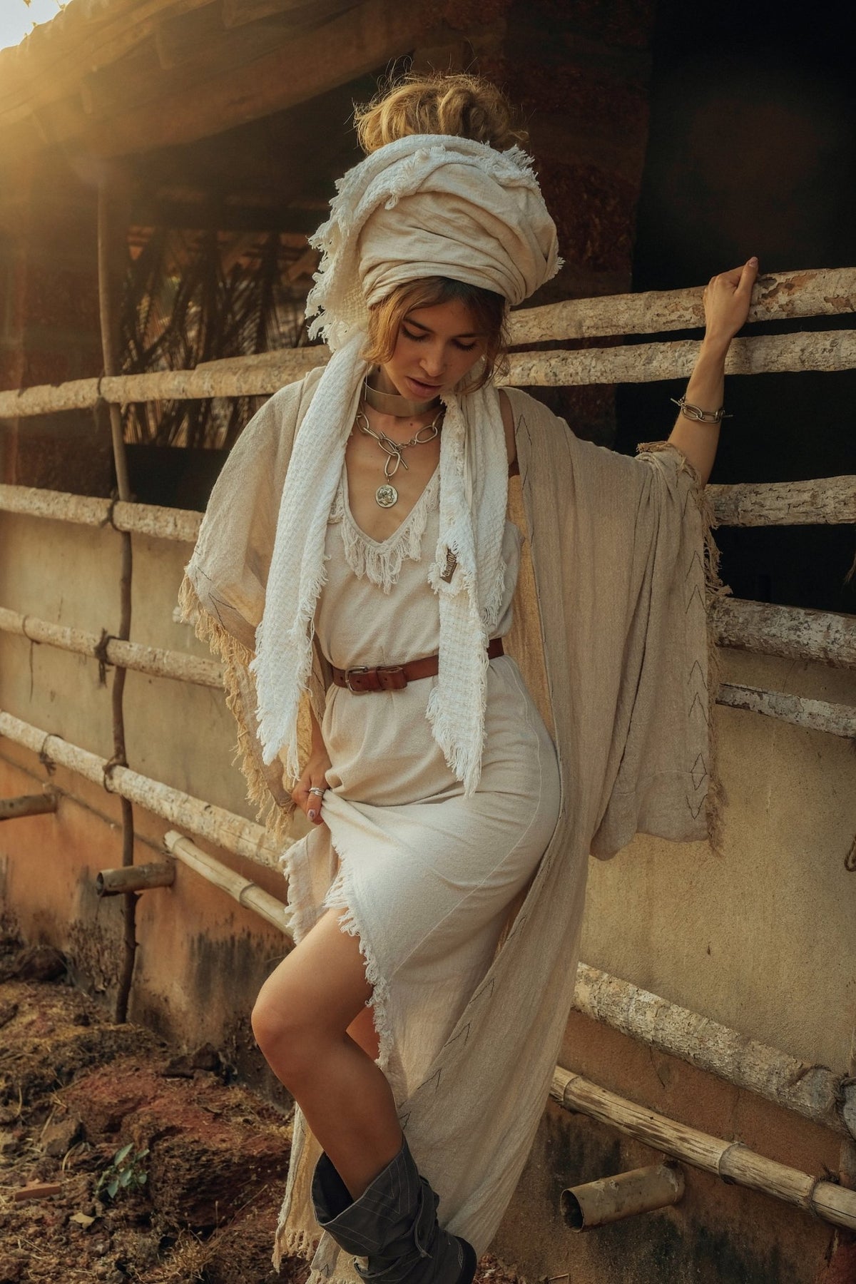 Vneck Raw Cotton Mini Tunic Dress with Belt and Fringes / Off White - ChintamaniAlchemi